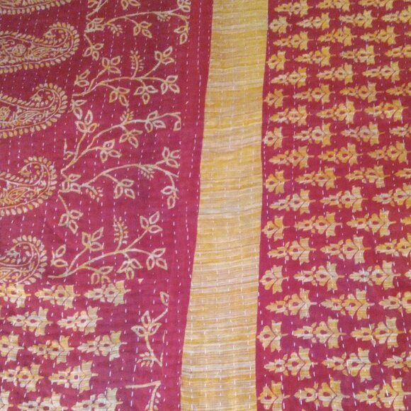 Kantha Quilt Red Yellow 54" x 86" Premium 3 Layer Cotton Handmade in India K20. - Picture 2 of 6
